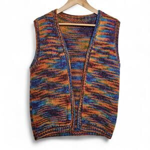 Vintage Hand Knit Open Sweater Vest Cardigan Boho Rainbow Granny Cottagecore